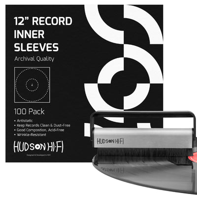 Hudson Hi-Fi Anti-Static Vinyle Record Inner Sleeves 100 Pack with Vinyl Record Clean Carbon Brush Bundle